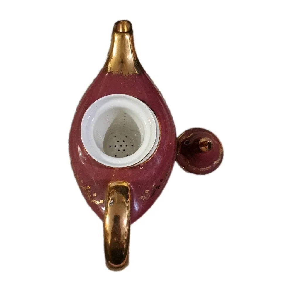 Vtg‎ Hall Aladdin Teapot Gold Swag Maroon/Gold W/tea Strainer 6 Cup  Made USA